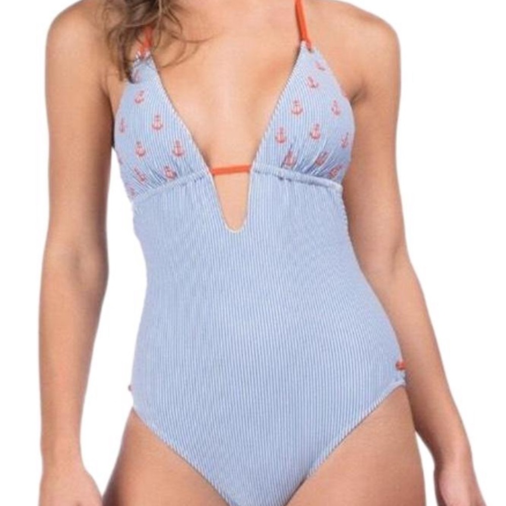 NWT Sperry Blue Seersucker Anchors BathingSuit (S)
